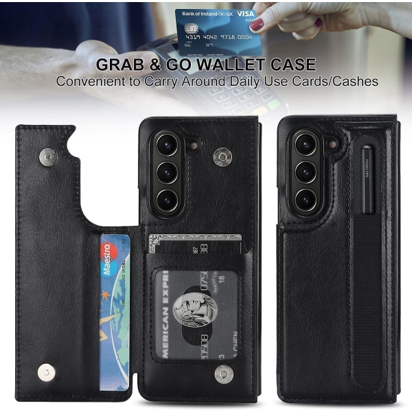 Z Fold 5 case, Pu-nahkainen case, yhteensopiva Samsung Galaxy Z Fold 5 S-kynätelineen, korttitelineen ja jalustan kanssa Black For Galaxy Z Fold 5