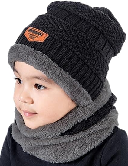 2 st Barn Vinter Stickade Mössor+Halsduk Set Varmt Fleece Foder Mössa för 5-14 År Gamla Pojkar Flickor