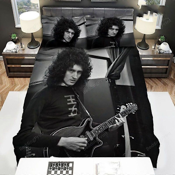 v29 Sengetøy Brian May Musiker Sanger Svart & Hvitt Foto Dynetrekk Sengetøysett 3-Delt Sengetøysett (1 Dynetrekk + 2 Putetrekk) y29 200x200cm 78x78in