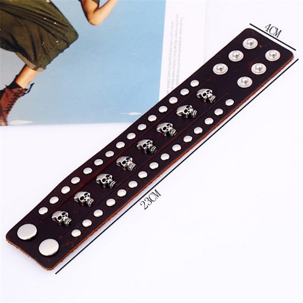 Bredd armband dödskalle manschett, herr rock n roll nitarmband, brunt punkarmband, 23 cm justerbar, cool originaldesign