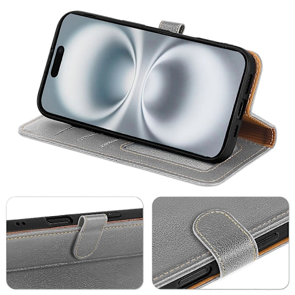 Läderfodral med Litchi-struktur för iPhone 16 Plus, Plånboksdesign, RFID-blockering, Telefonskydd - Multicolor Grey