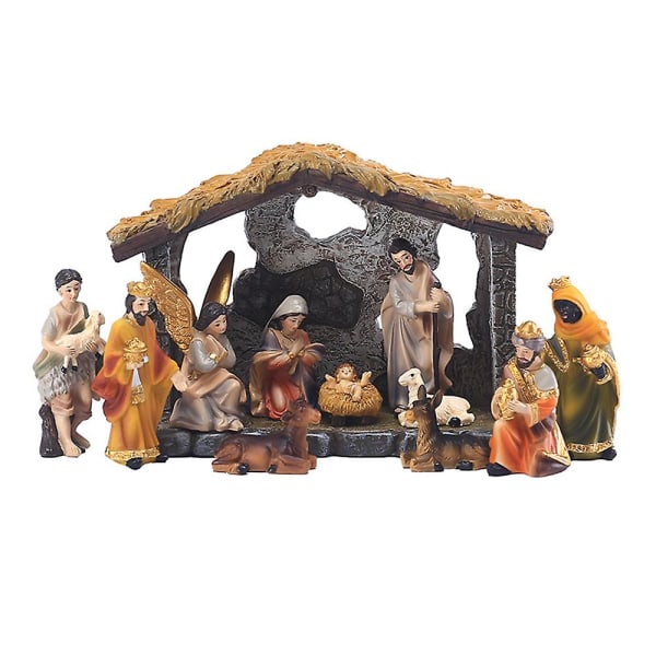 Julekrybbe Ornamenter Jul Realistisk Jesus Fødsel Skulpturer Statuer Sæt Skrivebord Bord dekorationer med figurer og hus til julegave