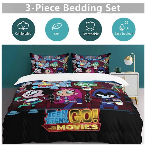 x526 Teen Titans Go 3-osainen vuodevaatesetti Lämmin ja mukava pehmeä pussilakanasetti, jossa 1 pussilakana ja 2 tyynyliinaa makuuhuoneeseen b526 135x200cm 53x78in