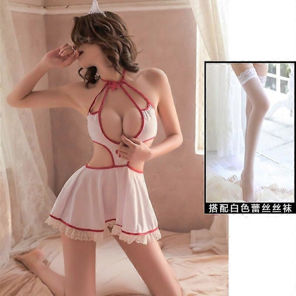 Lace Open Chest Women Hot Nurse Dress Halter Sweet Cosplay Costumes Off Shoulder Sexy Lingerie Tempatation Doctor Cos Sex Game One Size with stockings