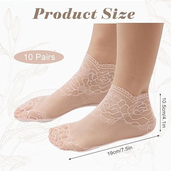 Pakke med 10 par gennemsigtige blondestrømper, Pop Socks til kvinder, tynde og elastiske absorberende og åndbare netstrømper, størrelser 3 til 7.