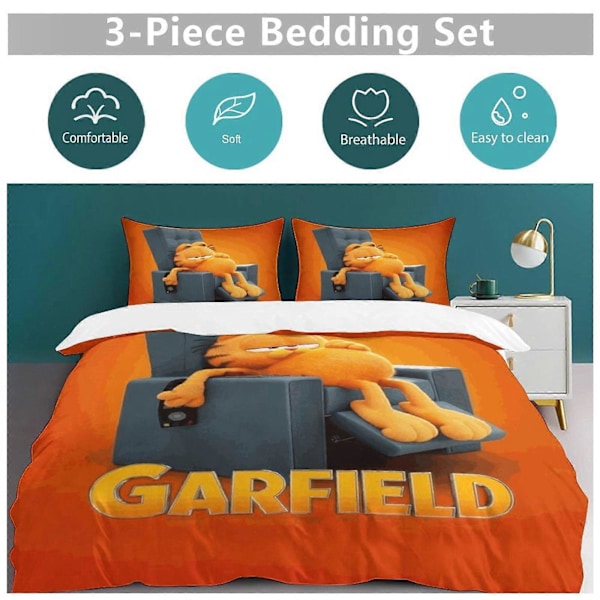 x69 Garfield -peittopussilakana Mikrokuituinen vuodevaatesetti 3D-painettu kevyt 3-osainen peittosetti, 1 peittopussi ja 2 tyynyliinaa lapsille pojille 200x200cm 78x78in