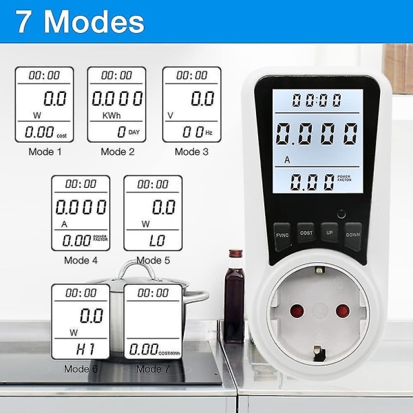 Sähkömittari pistorasiaan, sähkömittari, energiankulutusmittari, sähkönkulutusmittari, pistorasian sähkömittari, sähkönkulutusmittari LCD-näytöllä, 368