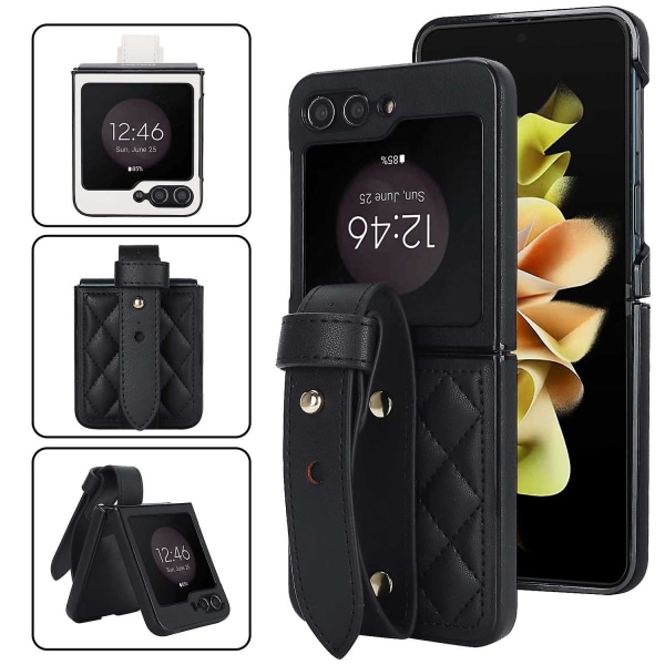Z Flip 5 etui, læderetui kompatibelt Samsung Galaxy Z Flip 5 med armbåndsstativ Anti-tabt stødsikker Black