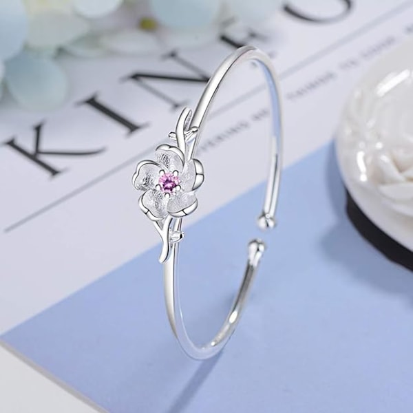 925 Sterling Silver Cherry Blossom Armband för Kvinnor Flickor Charm Sakura Blomkedja Armband Present Sommar Smycken