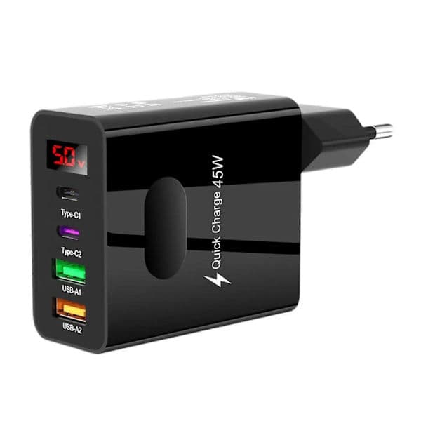 Hurtigoplader med Flere Porte 2 Type-C 45W Multi Stik Vægoplader 2 USB Opladningsadapter Digital Sort Sort Black