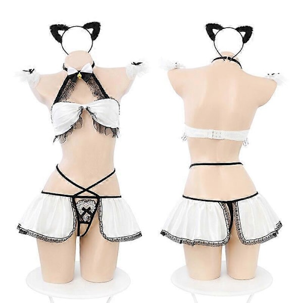 Sexy Cat Cosplay Kostyme - Forførende Kitty Antrekk med Åpen Skritt, Rufflet Blonder BH og Miniskjørt - Sex Lingeri Nattøy One Size White