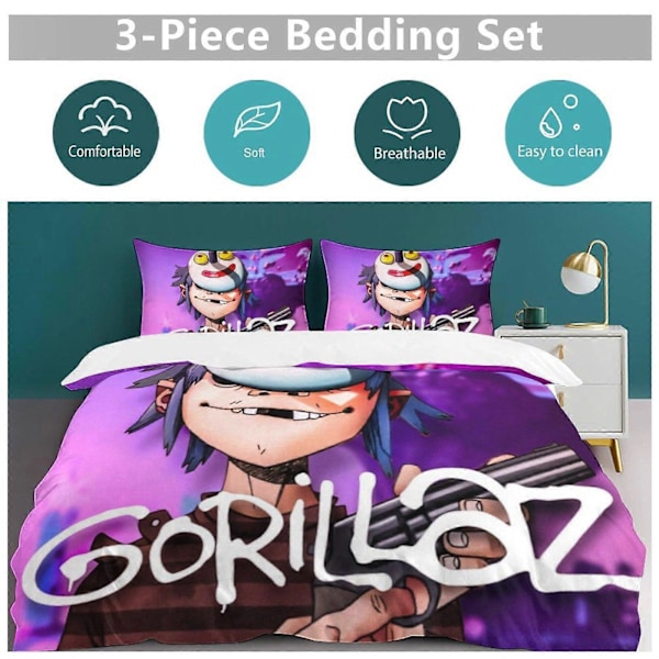 x199 Gorillaz 3-delt sengesett Varmt og komfortabelt mykt dynetrekk sengesett med 1 dynetrekk og 2 putetrekk for soverom b199 135x200cm 53x78in