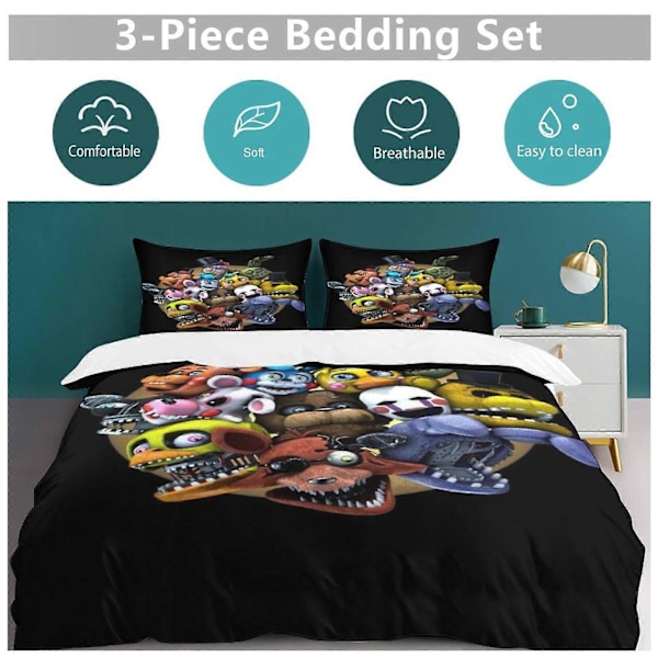 x531 Five Nights at Freddy's -pussilakanasetti, mikrokuituinen vuodevaatesetti, 3D-painettu kevyt 3-osainen peittosetti, 1 pussilakana ja 2 tyynyliinaa 135x200cm 53x78in