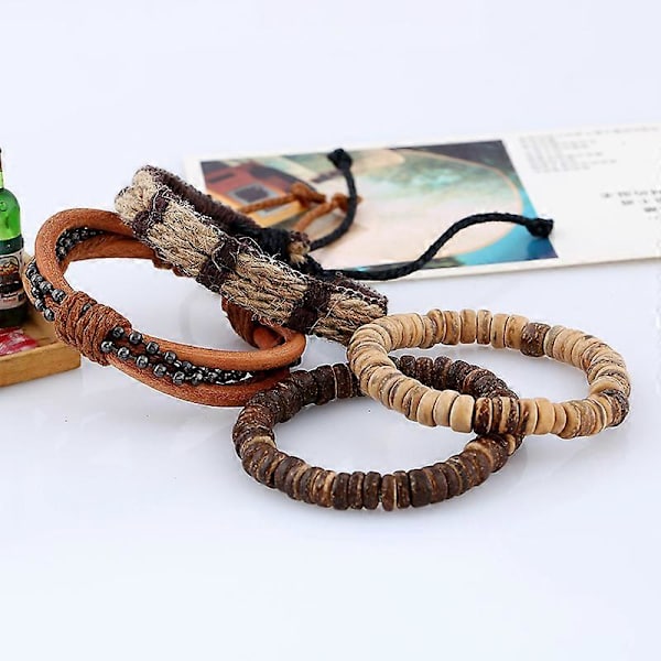 Enkel Retro Sæt Armbånd Flettet Læder Armbånd Kokos Armbånd Herre Hamp Reb Læder Armbånd