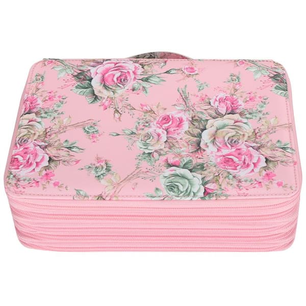 Pencil Case with Rose Pattern, Multi-layer Zipper, 252 Slots, Portable Pen Holder, Storage Pocket (Pink Background Rose)