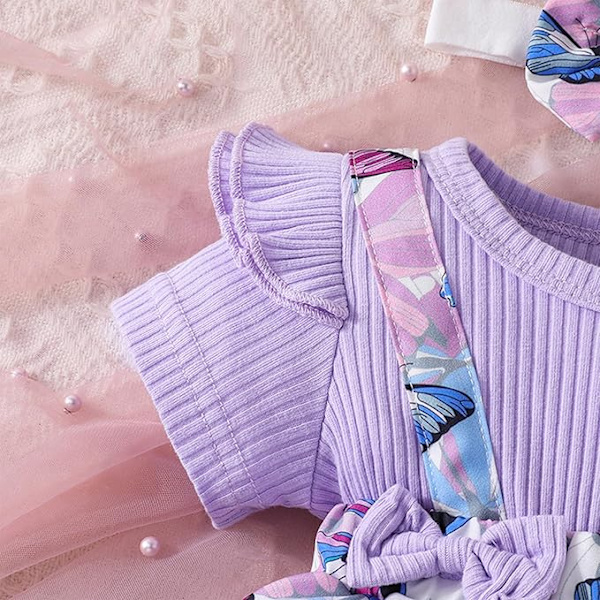 Vauvan tyttöjen lyhythihainen haalaripuku, mekko, kirjontakuvio, lyhythihainen henkselihame, pääpanta, kesäsetti vastasyntyneille 0-18 kuukautta 68 Purple