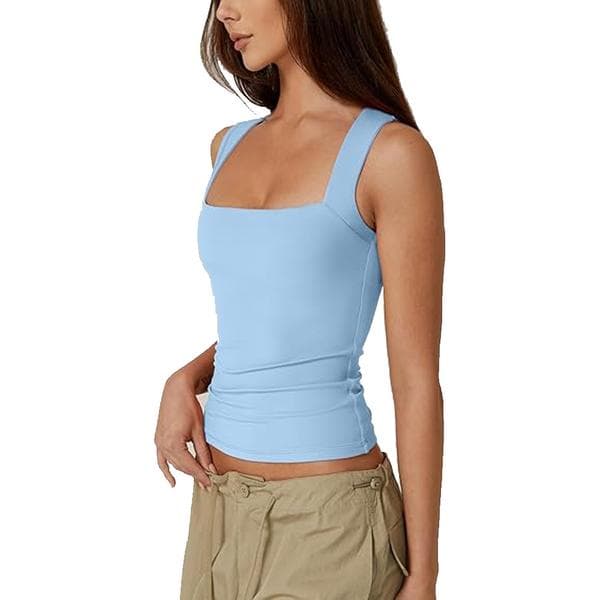 Women's Square Neck Sleeveless Double Layer Tank Top Basic Fitted T-Shirts Light blue Light blue S