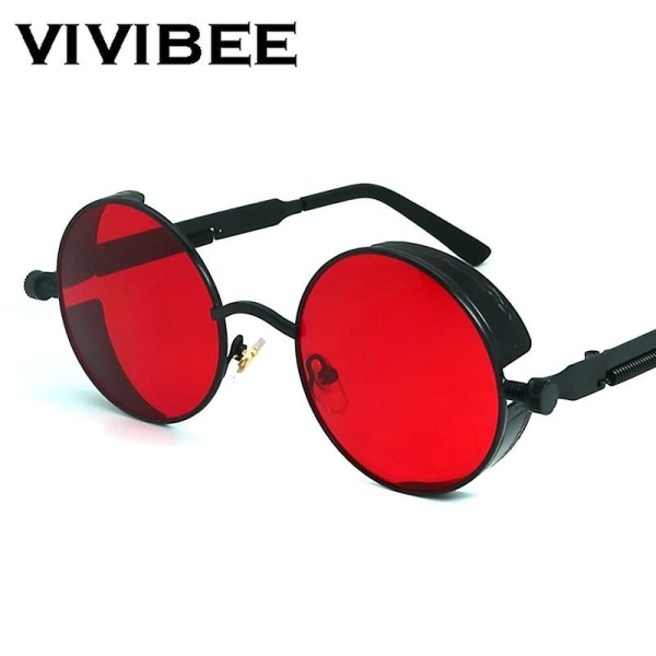 Vivibee Vintage Steampunk Röda Solglasögon Män Runda Punk Legering Metall Retro Solglasögon Kvinnor 2022 Glasögon Gotisk Stil Nyanser