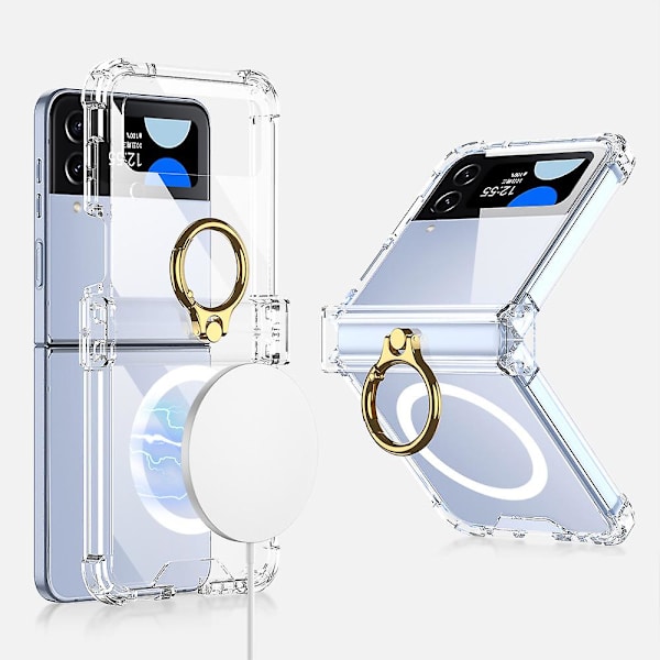Magneettinen Magsafe-kotelo, yhteensopiva Samsung Galaxy Z Flip 4:n kanssa, läpinäkyvä Tpu-kotelo, jossa rengaskiinnike ja sarana Clear For Galaxy Z Flip 4