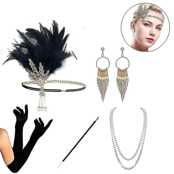 1920'er tilbehørssæt Flapper pandebånd, øreringe, perlehalskæde, handsker Style 2