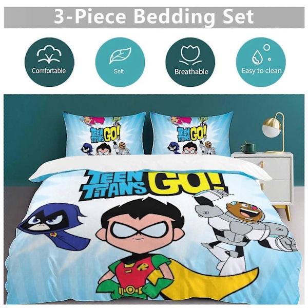 x397 Teen Titans Go 3-osainen vuodevaatesetti Lämmin ja mukava pehmeä pussilakanasetti, jossa 1 pussilakana ja 2 tyynyliinaa makuuhuoneeseen b397 135x200cm 53x78in