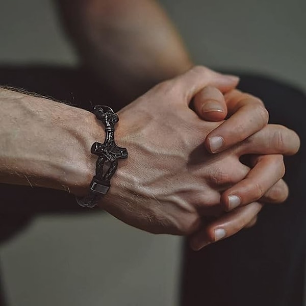 Mænds sorte læderarmbånd med flettet vedhæng Thors hammer/kranie/frimureramulet voksreb armbånd med justerbart magnetlås