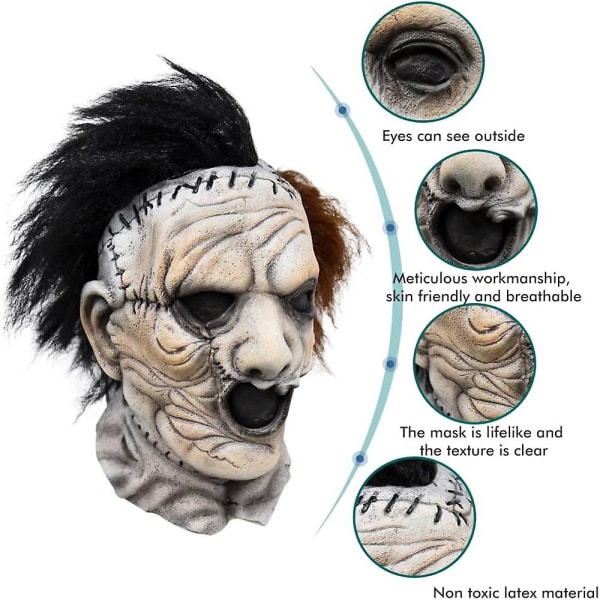 Halloween-fest rekvisita skrämmande Texas Chain Saw Massacre Cosplay Mask Horror Mask Creepy Mask Huvudbonad Huvudbonad with Hair