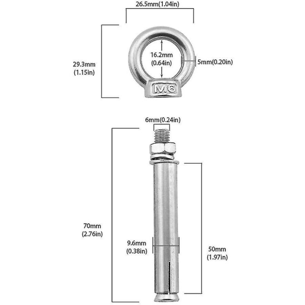 M6 X 70mm Ekspansjonsbolter 304 Rustfritt Stål Betong Ekspansjonsanker Øyeskruer Ankere Bolter 5-pakning