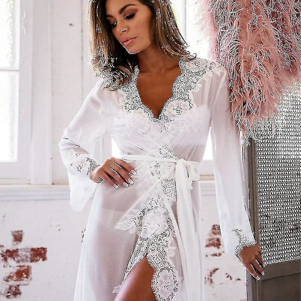 Naiset Seksi Sheer Pitsi Wrap Bathrobe Maxi Kaapu Yöasu White XL