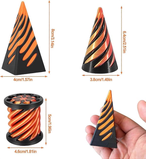 3 st Impossible Cone Pyramid Pass Through Toy, 3D-Printed Spiral Cone Fidget Toy, Mini Vortex Thread Illusion Anxiety Relief Toy Red and Black