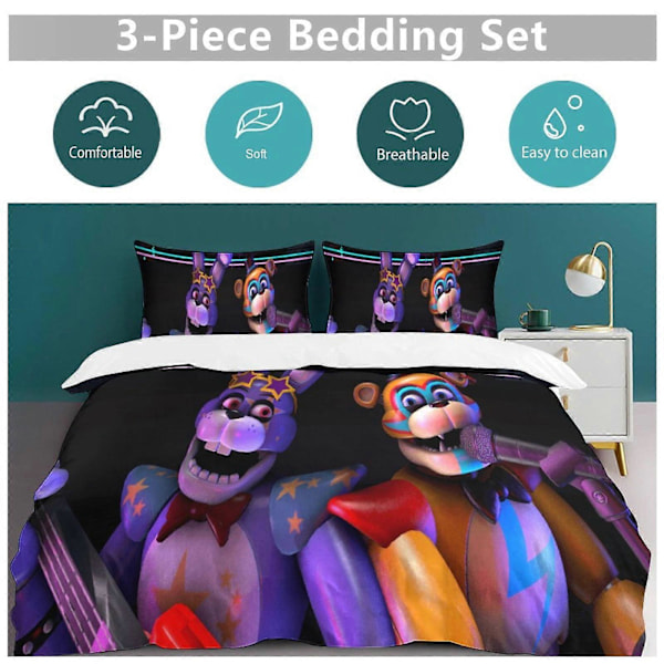 v1414 Five Nightat Freddy Täcke Set Tjockt Mjukt 3-delars Sängklädesset Året Runt Täcke med 2 Örngott för Vuxna Kvinnor Flickor Tonåringar Hemrum 135x200cm 53x78in