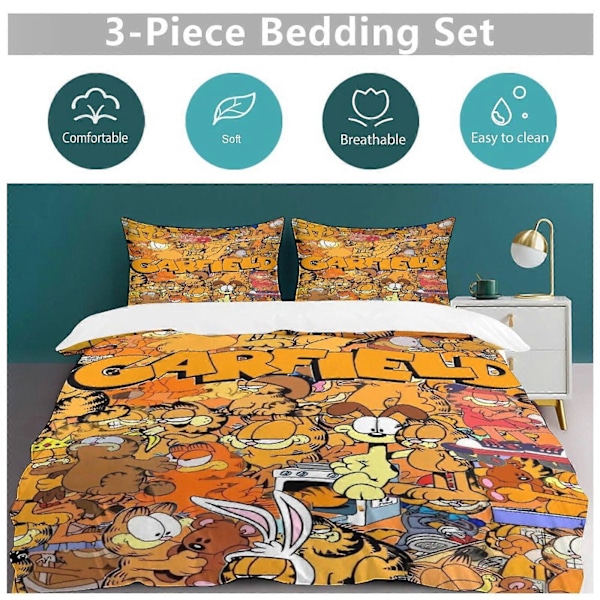 x204 Garfield -pussilakanasetti, mikrokuituinen vuodevaatesetti, 3D-painettu kevyt 3-osainen peittosetti, 1 pussilakana ja 2 tyynyliinaa lapsille ja pojille 200x200cm 78x78in