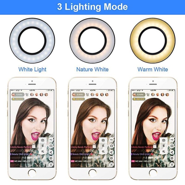 Selfie Ring Lys Med Fleksibel Mobiltelefon Holder White
