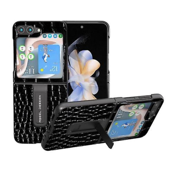 Ægte læder Z Flip 5 etui, etui kompatibel med Samsung Galaxy Z Flip 5 med kickstand stødsikkert beskyttelsescover Black