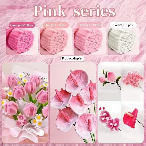 Pipe Cleaner Craft Kit - DIY Flower Making Set Handmade Creative Craft Materials *Pink* Pink pink