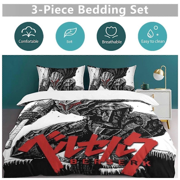 x290 Anime Berserk 3-delat Sängklädesset Varmt och Bekvämt Mjukt Påslakanset med 1 Påslakan och 2 Örngott för Sovrum b290 200x200cm 78x78in