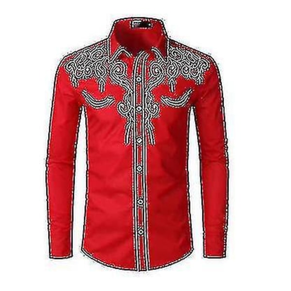 Herre Western Cowboy Skjorte Brodert Langærmet Casual Slim Fit Button Down Skjorte red 2XL