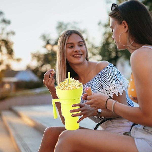 Snack og drikkekop 2 i 1, stadion tumbler, snack kop skål med sugerør, genanvendelig snack og drikkekop, stænksikker lækagesikker bærbar snack kop, 2-lags Yellow