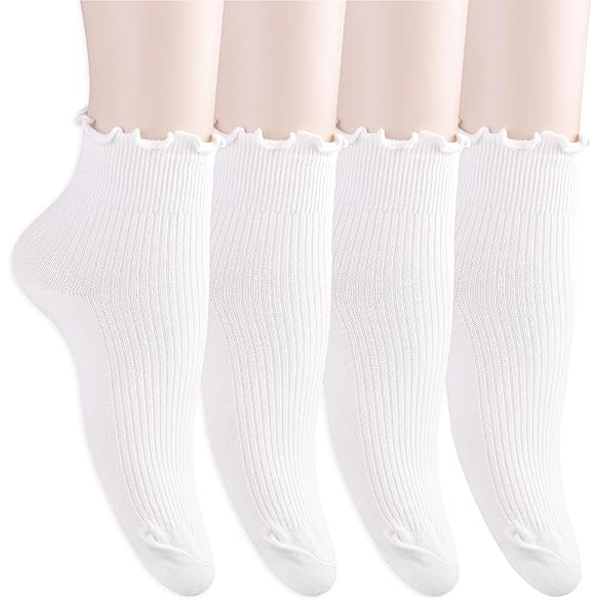 4 par volangstrumpor bomull flickor vita skolstrumpor vita volangspets topp båge dans mjuk bomull stickad lågt skurna volangstrumpor mid-calf strumpor