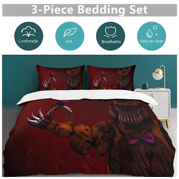v1324 Five Nightat Freddy Täcke Set Tjockt Mjukt 3 Delars Sängklädesset Året Runt Täcke med 2 Örngott för Vuxna Kvinnor Flickor Tonåringar Hemrum 135x200cm 53x78in