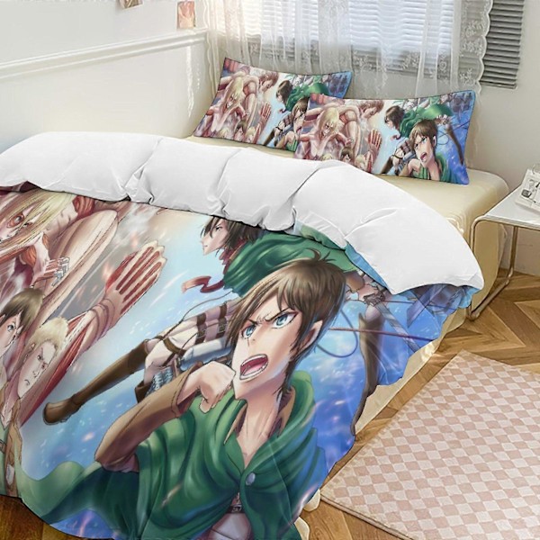 v1281 Attack On Titan Dynesett Tykkere Mykt 3 Deler Sengetøy Sett Helårs Dynetrekk med 2 Putetrekk for Voksne Kvinner Jenter Tenåringer Hjem Rom Deco 135x200cm 53x78in