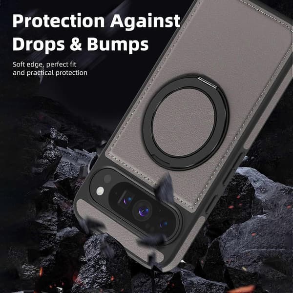 Compatible with Google Pixel 10 Pro XL Case with Ring Stand Compatible with MagSafe PU Leather Back Grey Grey Grey