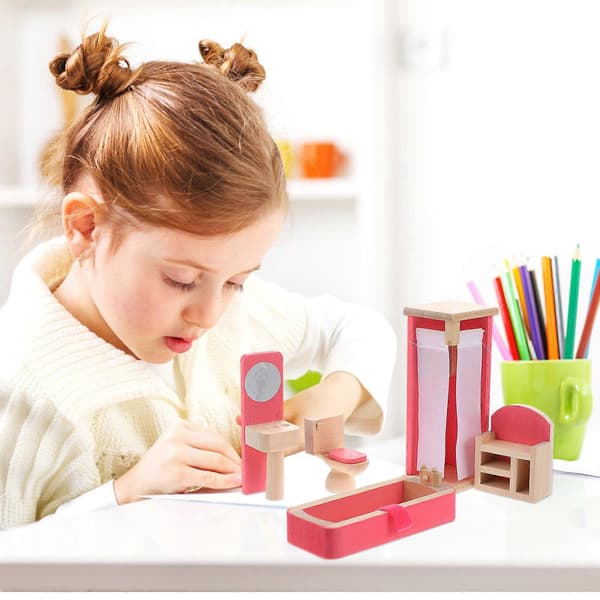 Rosa Mini Møbelleker i Tre for Barn Pedagogisk Lek 1 Sett