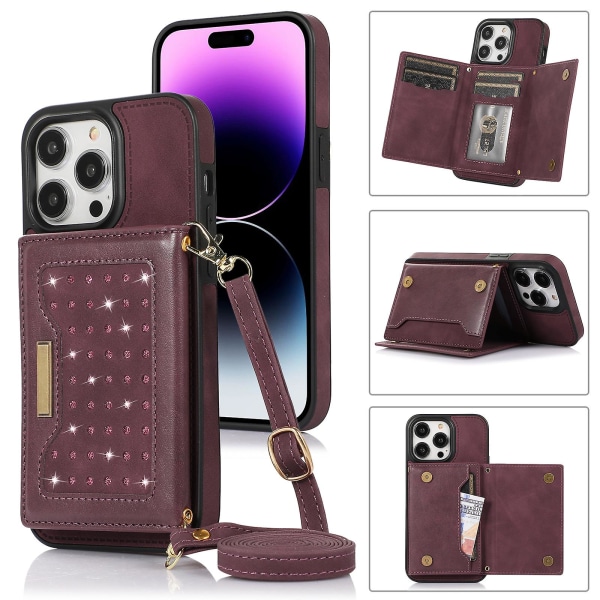 Lompakko Kotelo Yhteensopiva Iphone 14 Pro Max/14 Pro, Pu Nahka + Pehmeä Tpu Puskuri Iskunkestävä Kotelo Rannekkeella Wine Red For iPhone 14 Pro Max