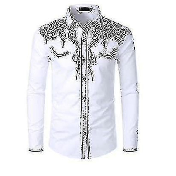 Herr Western Cowboy Skjorta Broderad Långärmad Casual Slim Fit Button Down Skjorta white L