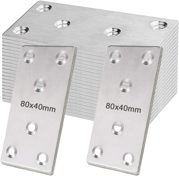 20 flade samleplader 80x40mm, lige reparationsplader, flade pladestøtter, forbindelsesplader, rustfrit stål (sølv)