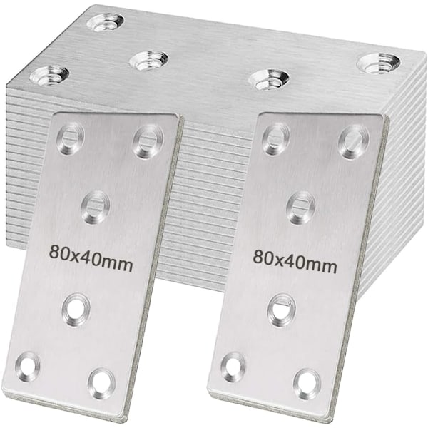 20 stk. flade samlingsplader 80x40mm lige reparationsplader flad pladebeslag forbindelses reparationsplader rustfrit stål (sølv)