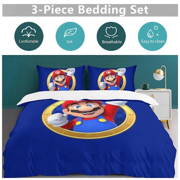 x127 Super Mario Påslakanset Mikrofiber Sängkläder 3D-tryckta Lätta 3-delade Täcke Set, 1 Påslakan och 2 Örngott för Barn Pojkar 200x200cm 78x78in