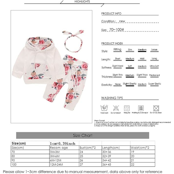 Nyfödd bebis långärmad blommig huvtröja toppar + byxor kläder outfits 80 White