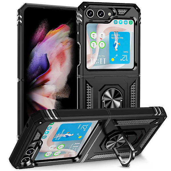 Z Flip 5 Fodral, Militärklassat Anti-fall Pansar Fodral Kompatibelt med Samsung Galaxy Z Flip 5 Med Ringhållare & H gångjärnsskydd Black For Galaxy Z Flip 5